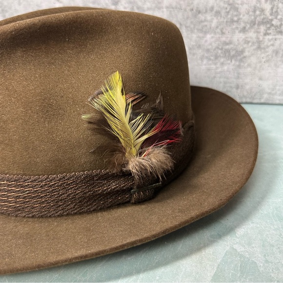 The Imperial Stetson fedora hat in brown with feather in band size 7 or medium - Picture 2 of 9